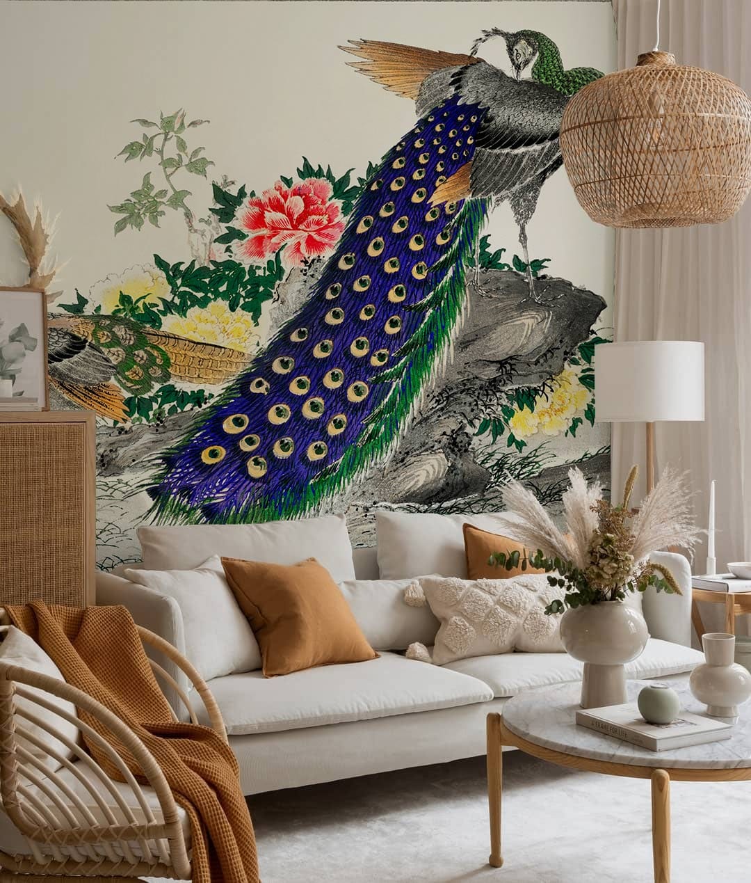 Peacock and Peony Flower Wall Mural Design