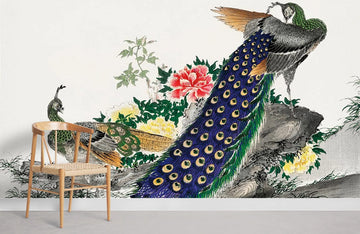 Elegant Peacock Floral Mural Wallpaper