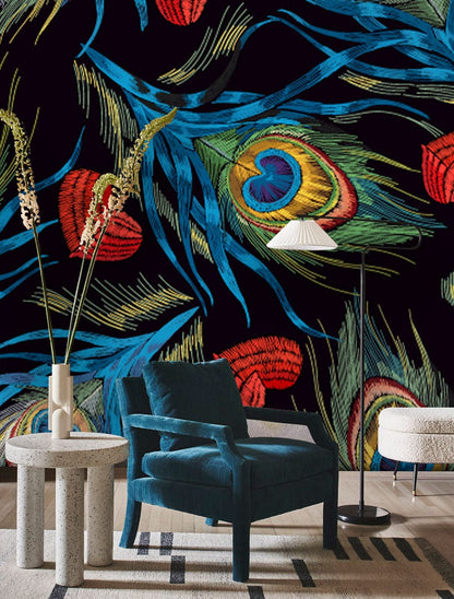 Wallpaper mural with a dark embroidered peacock feather design for the hallway's decor.