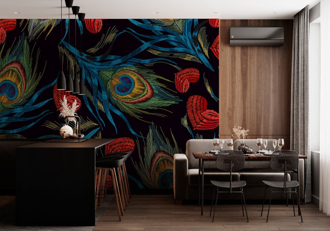 Wallpaper mural with an embroidered peacock feather design that can be used to decorate the dining room.