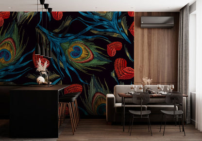 Wallpaper mural with an embroidered peacock feather design that can be used to decorate the dining room.