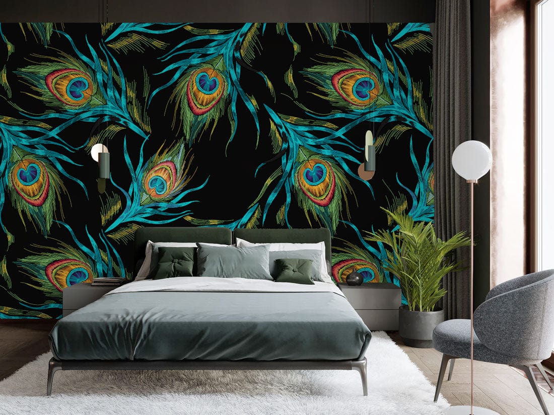 Wallpaper mural featuring a peacock feather design in a dark colour scheme for use as bedroom decor