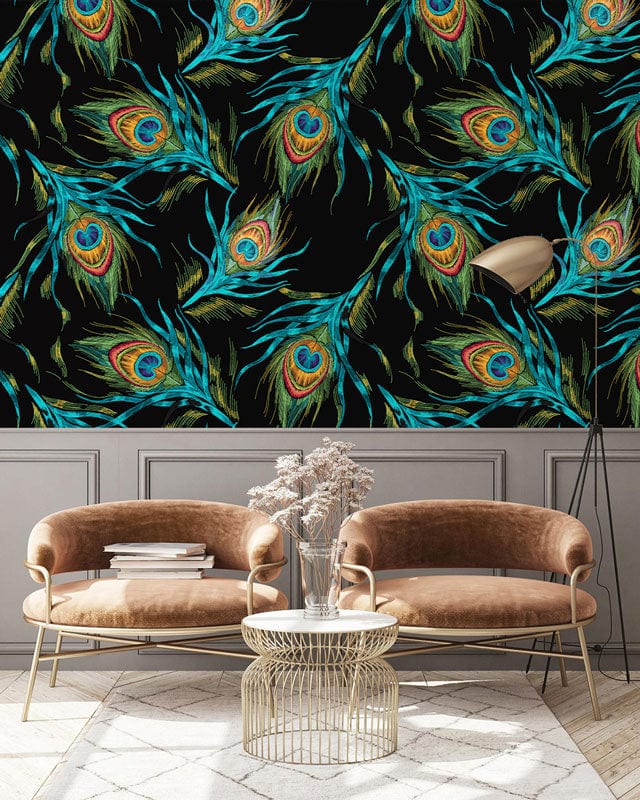 Hallway adornment wallpaper mural featuring a peacock feather in a dark background