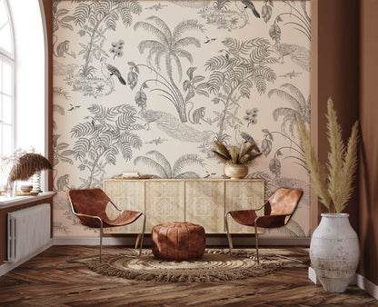 Tropical Bird Monochrome Botanical Mural Wallpaper in living room