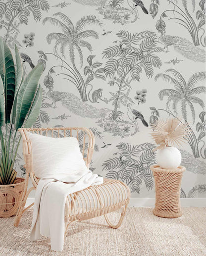 Tropical Bird Monochrome Botanical Mural Wallpaper in living room