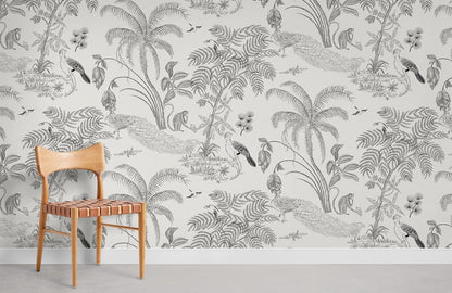 Tropical Bird Monochrome Botanical Mural Wallpaper in .