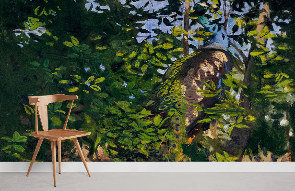 Room Wallpaper Mural Featuring a Peacock in the Woods