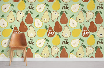 Whimsical Pear Pattern Green Mural Wallpaper