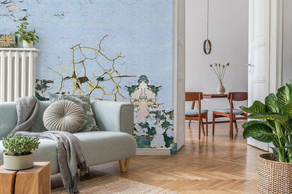 Vintage Blue Gold Crackle Mural Wallpaper in living room