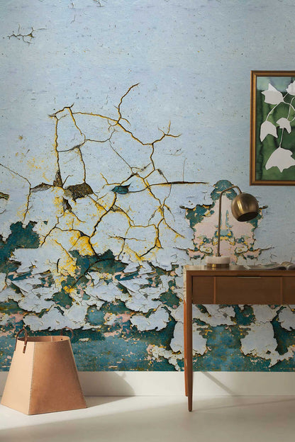 Vintage Blue Gold Crackle Mural Wallpaper in office