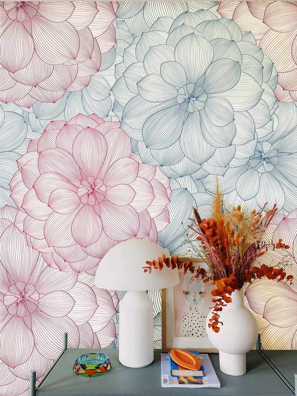 in a vintage wallpaper arrangement with a view of blossoming flowers