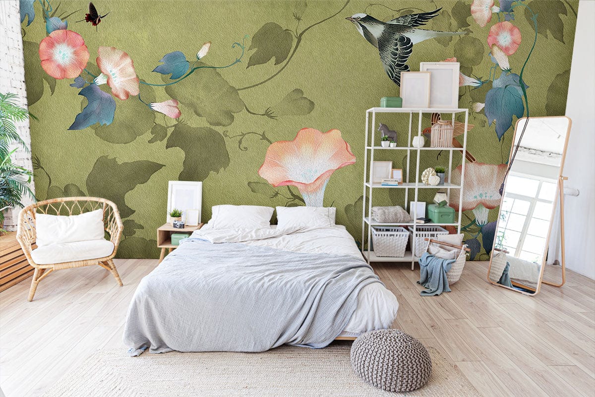 Petunia and Birds Custom Wallpaper For Bedroom Decoration