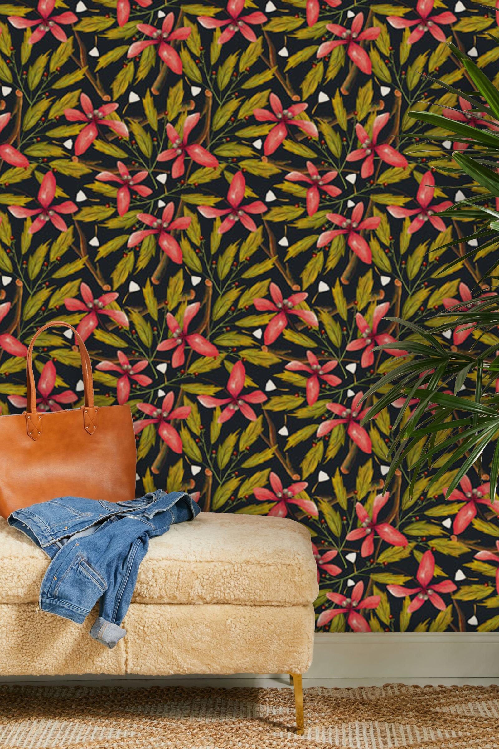 Wallpaper with Petunias and Leaves for the Living Room