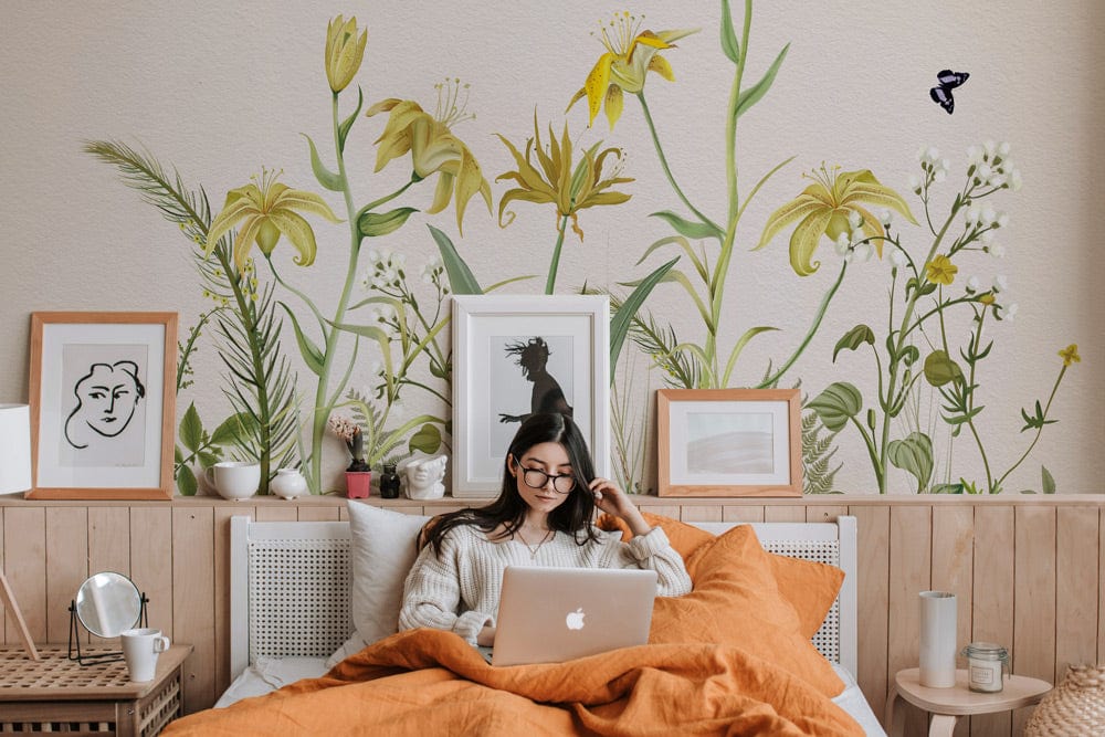 wall murals for the bedroom and headboard with yellow blooms and dancing butterflies