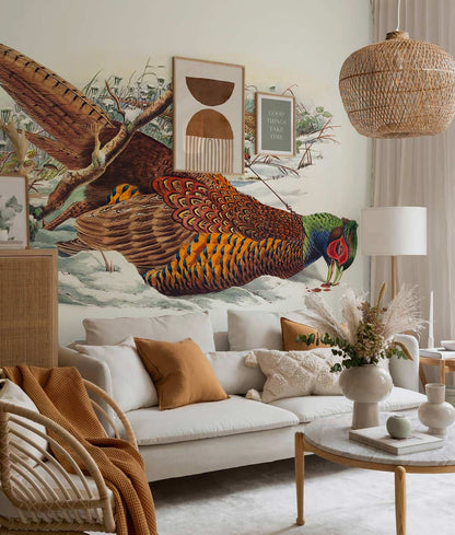 Vintage Pheasant Nature Illustration Mural Wallpaper in living room