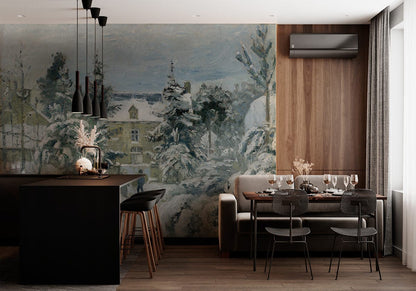 Vintage Winter Landscape Room Mural Wallpaper in dining area