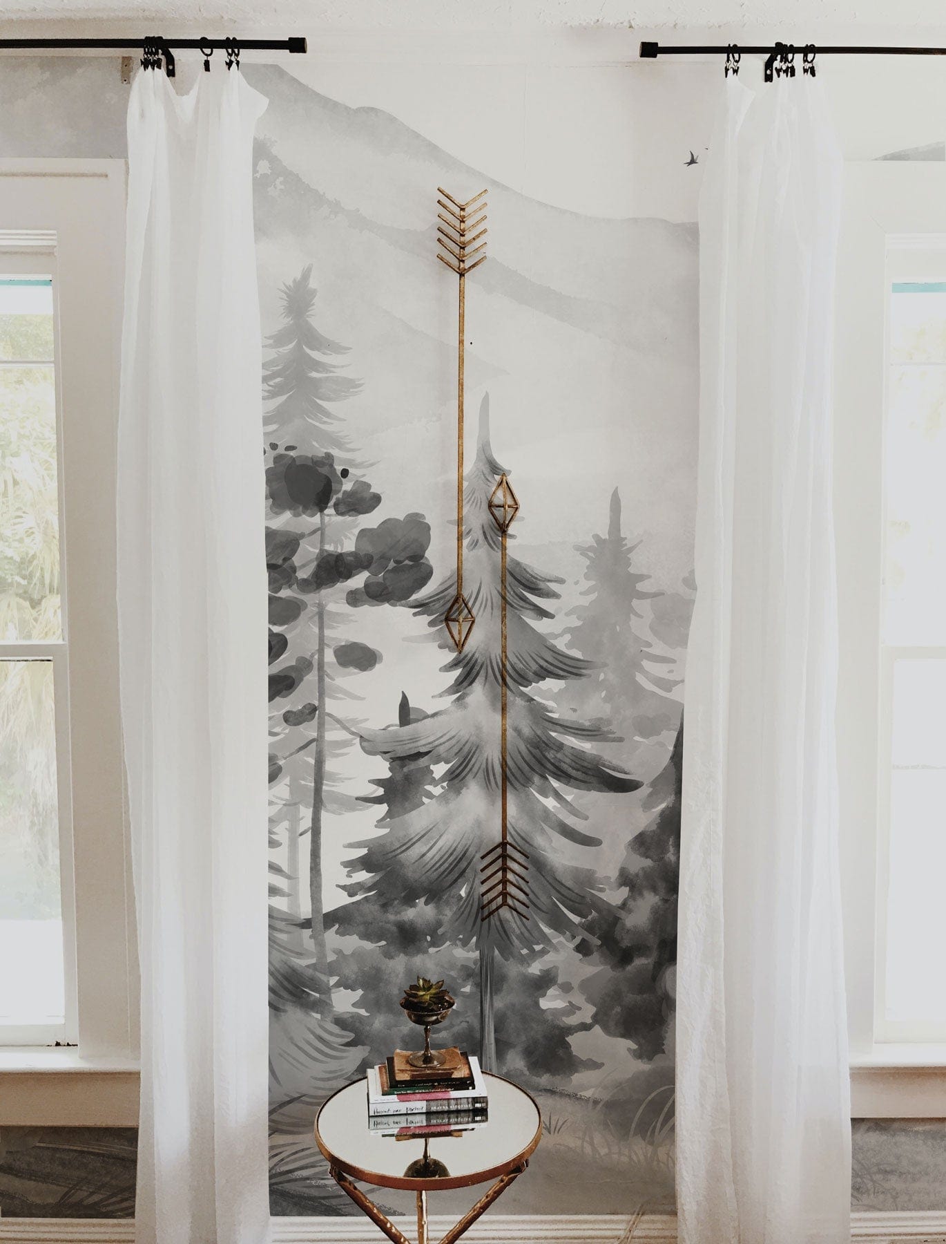 grey watercolor pine forest wall mural hallway design