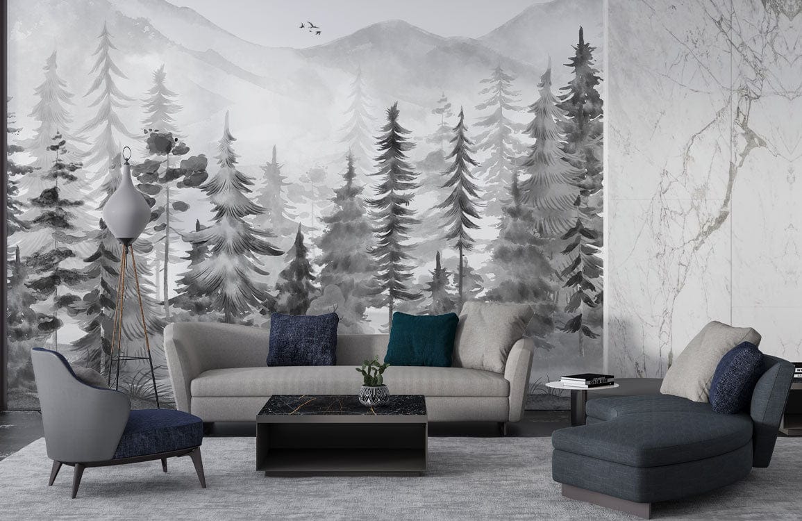 grey watercolor pine forest wall mural living room decoration