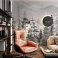 grey watercolor pine forest wall mural lounge design