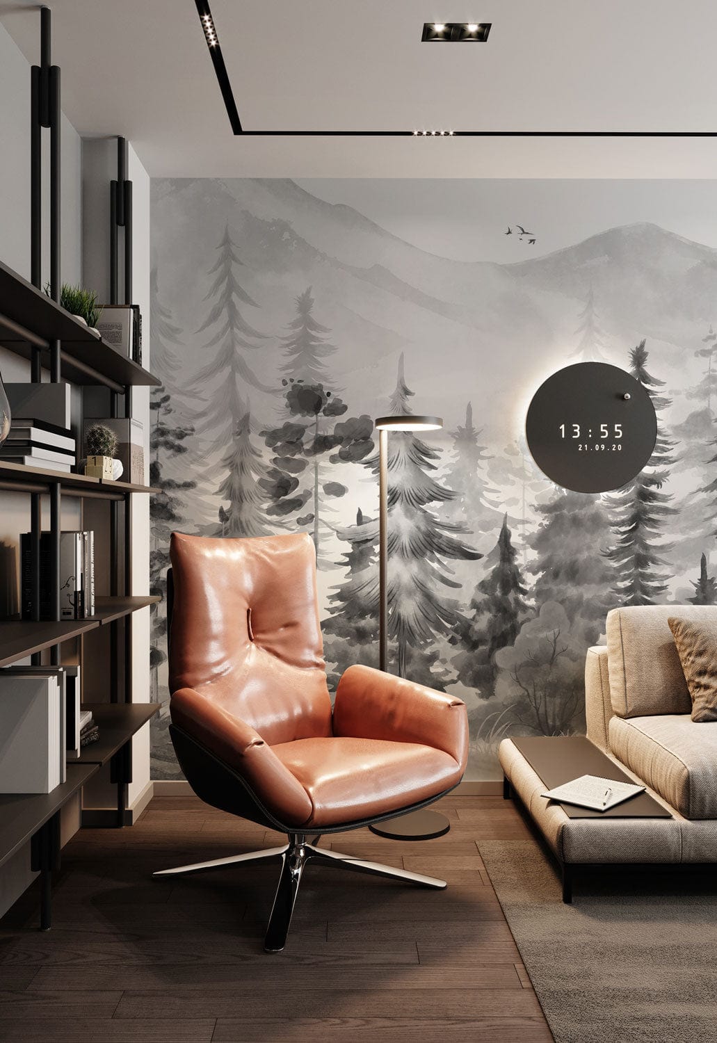 grey watercolor pine forest wall mural lounge design