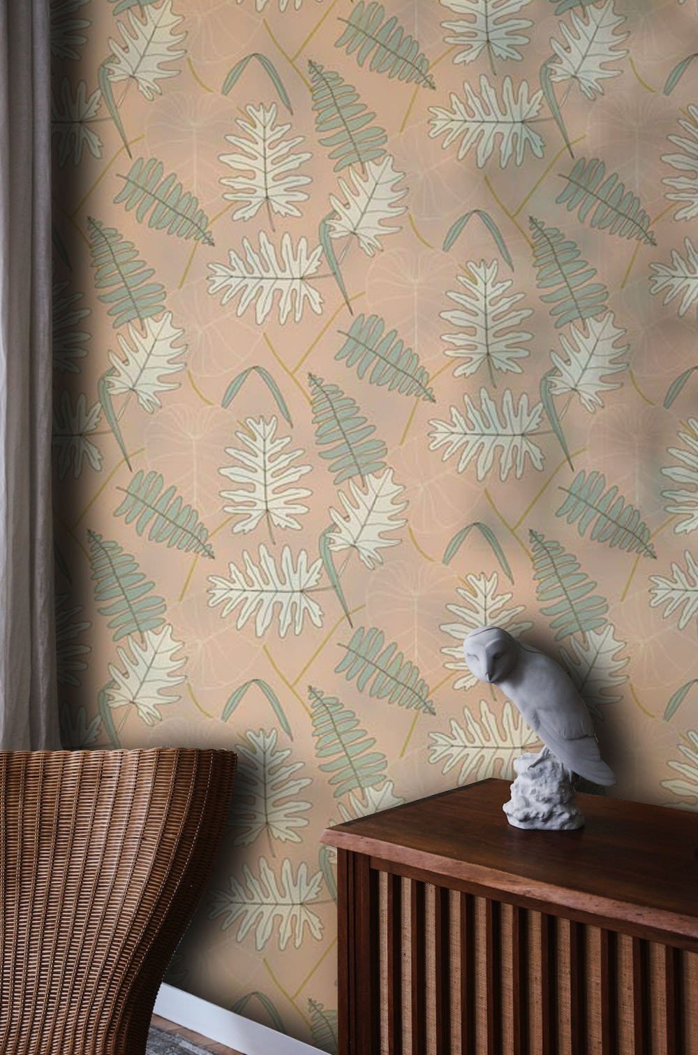 a wallpaper mural with pine leaves on a pink background for the bedroom