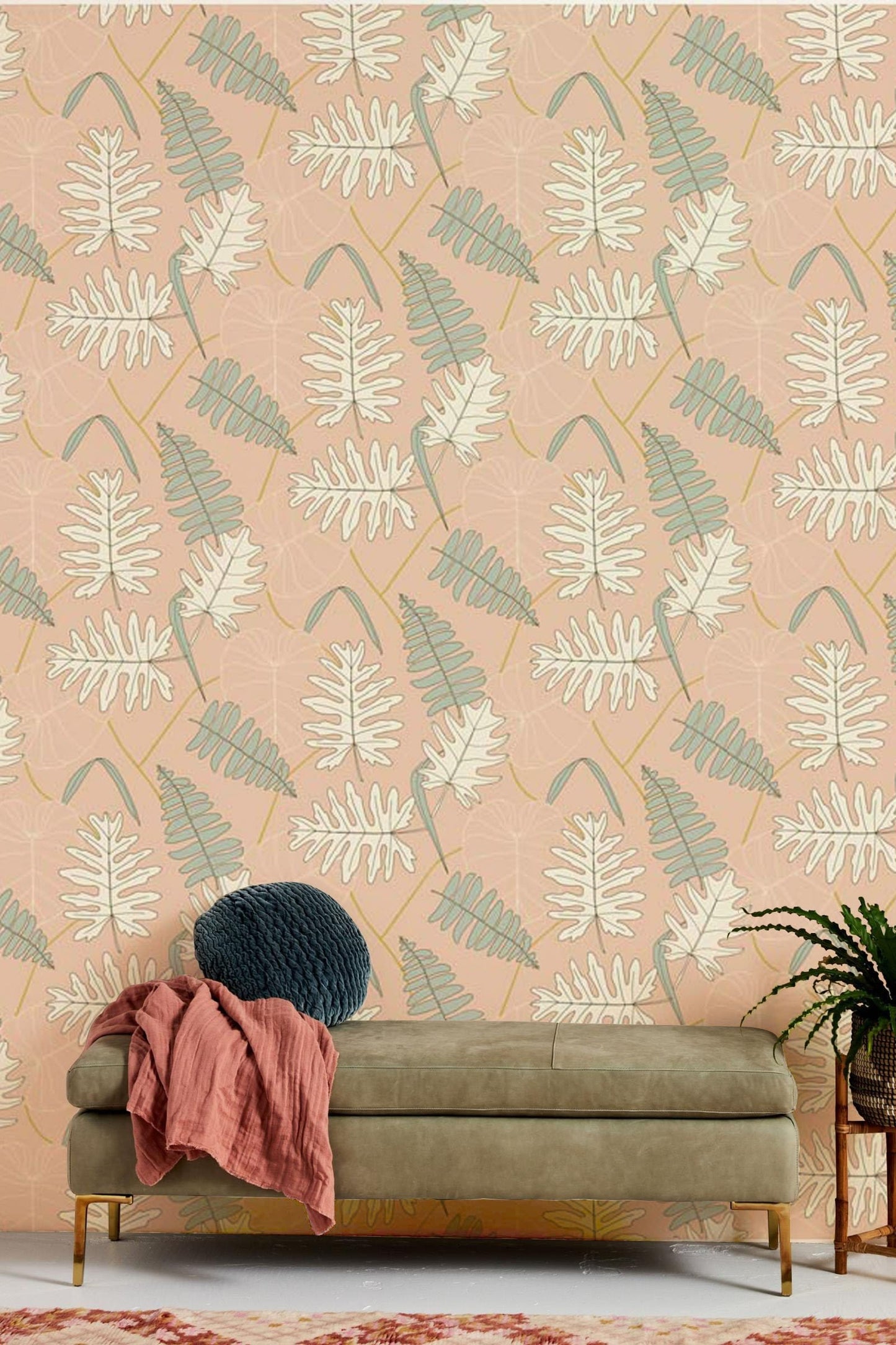 Pine needles on a pink wallpaper mural for the living room.