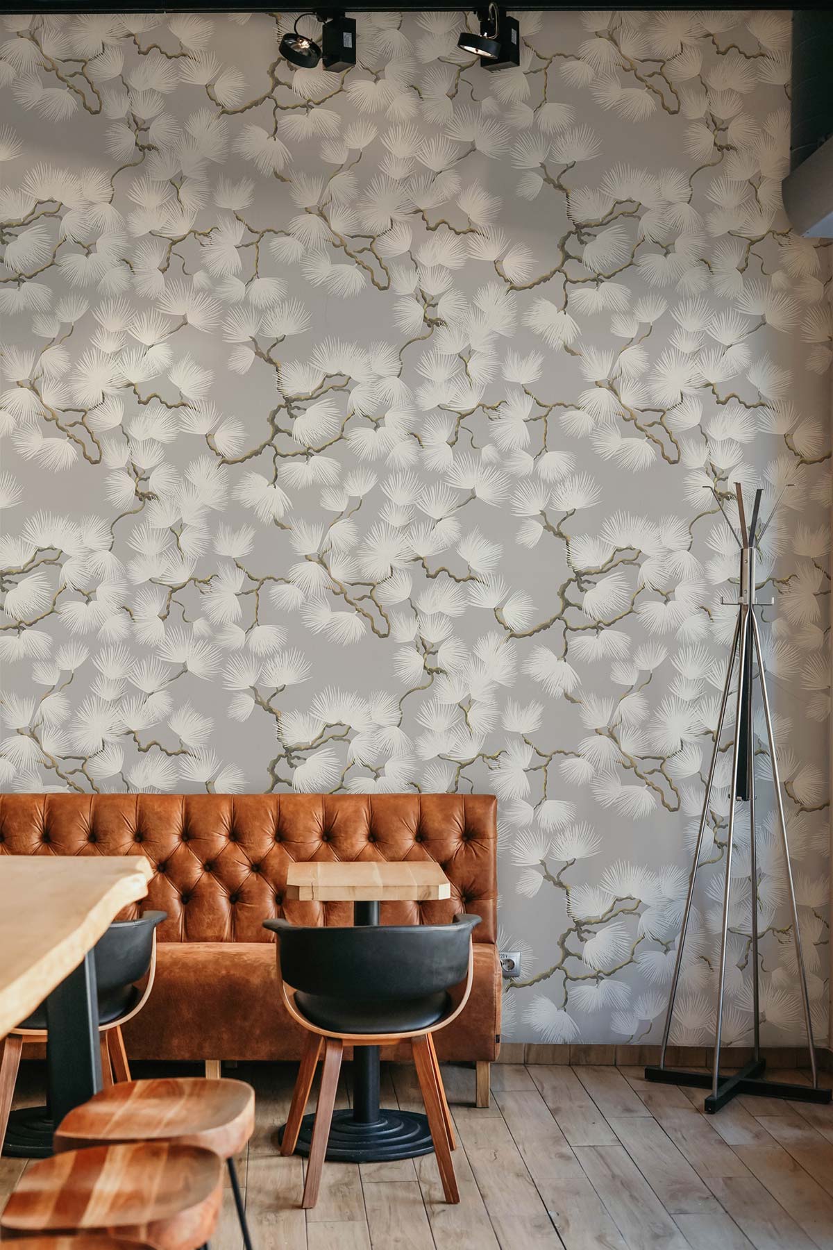 Elegant White Floral Gold Vine Mural Wallpaper in restaurant setting