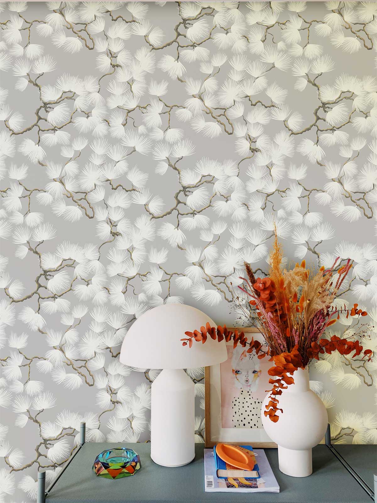 Elegant White Floral Gold Vine Mural Wallpaper in living room