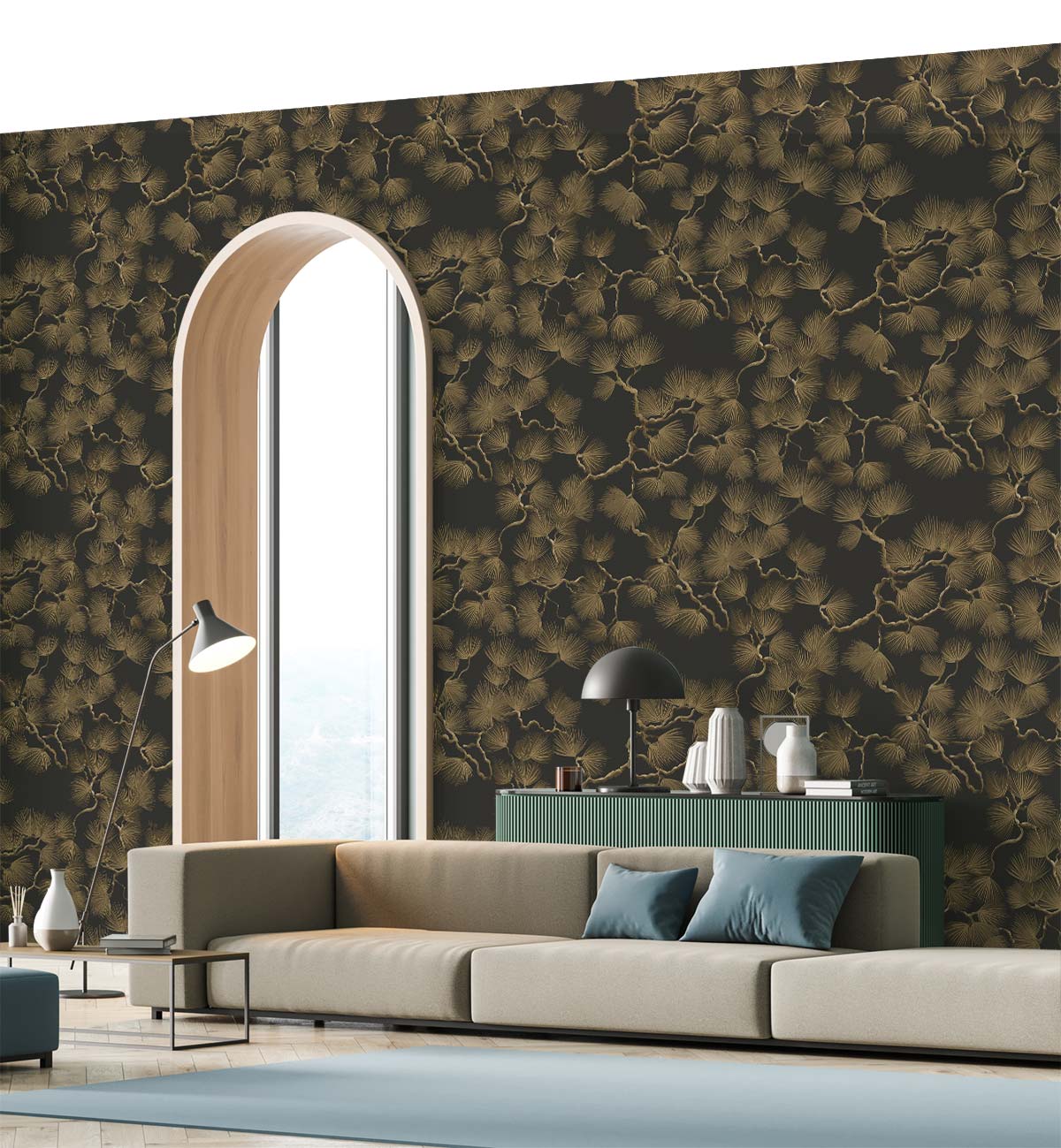 Luxury Golden Abstract Feather Mural Wallpaper in living room