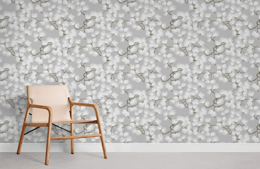 Elegant White Floral Gold Vine Mural Wallpaper