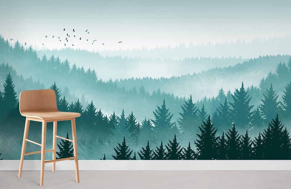 Green Pine Silhouette Forest Wallpaper Home Decor