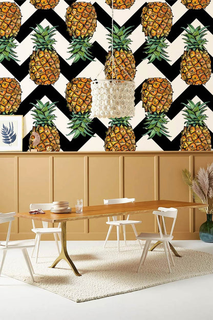 wallpaper in the dining room with a fruit motif