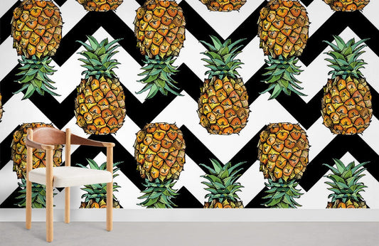 Wallpaper with ripe pineapples and waves in black.