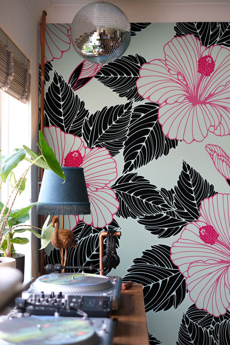 Wallpaper mural featuring pink and black line flowers, perfect for use as decoration in the hallway