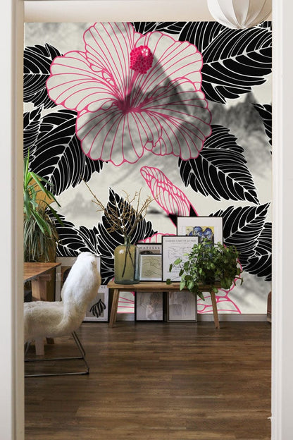 Wallpaper mural with pink and black line flowers, perfect for the hallway's decor.