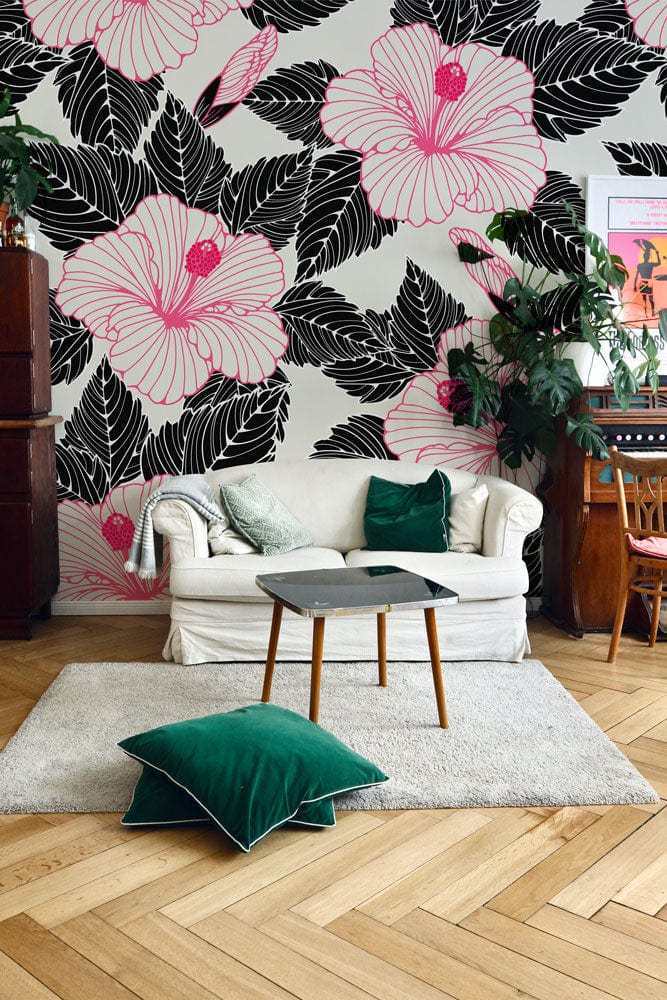 Hallway Decoration Using a Wallpaper Mural Featuring Pink and Black Line Flowers