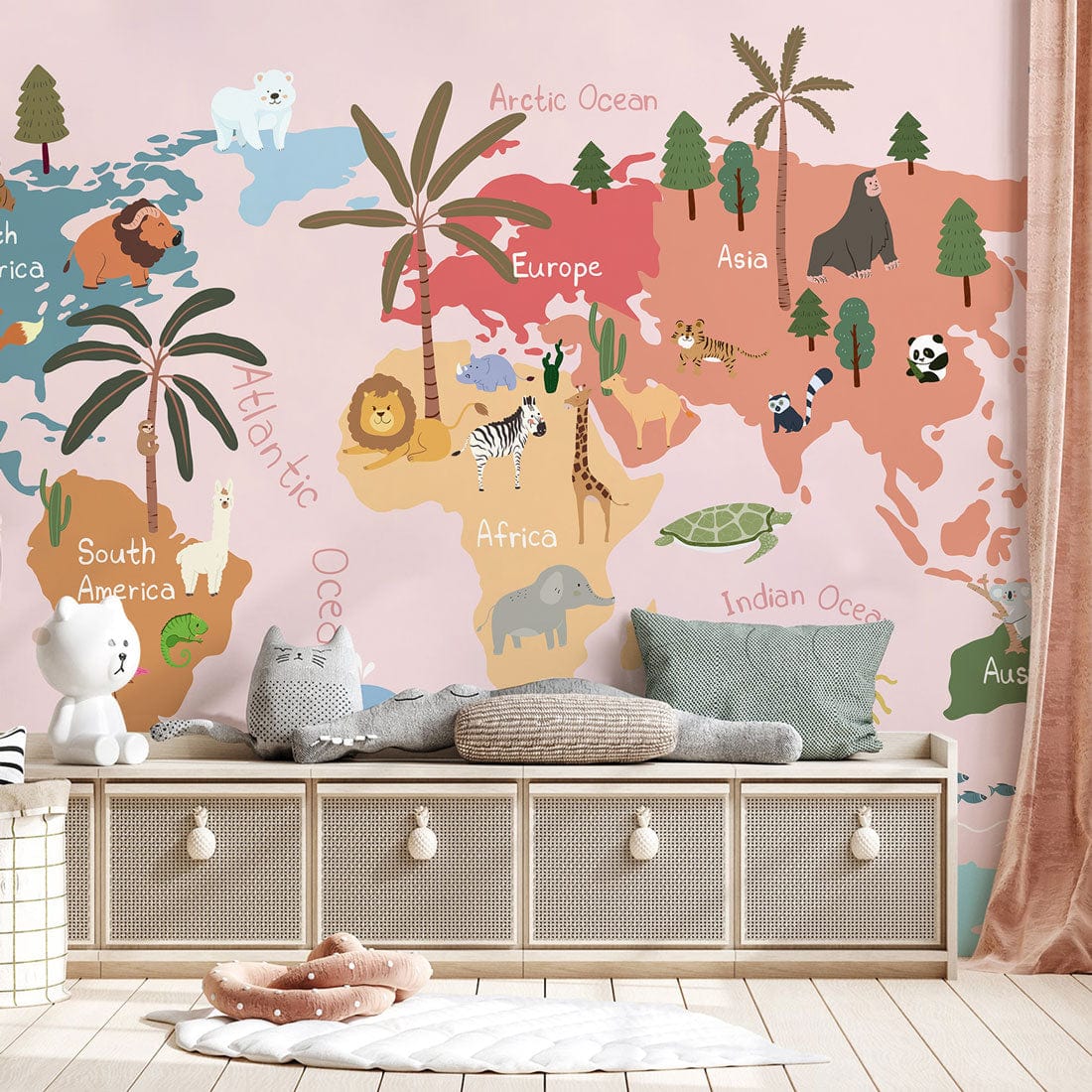 Kid's Room Decoration Featuring a Pink Animal Map Wallpaper Mural