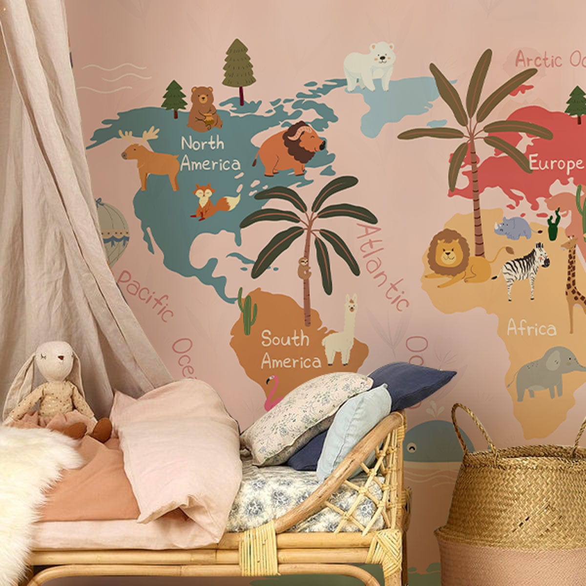 Child's Pink Animals Map Mural Wallpaper Background.