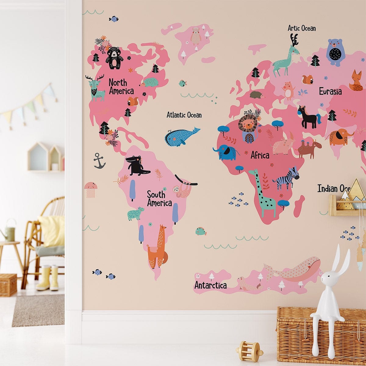 a wall mural with animals and a globe map pattern