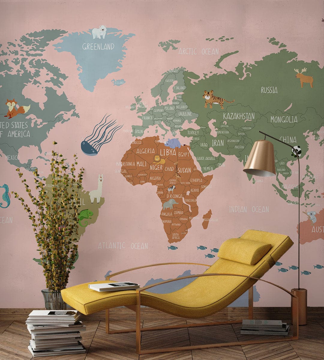 Wallpaper mural depicting a pink cartoon map for use in the decoration of the hallway