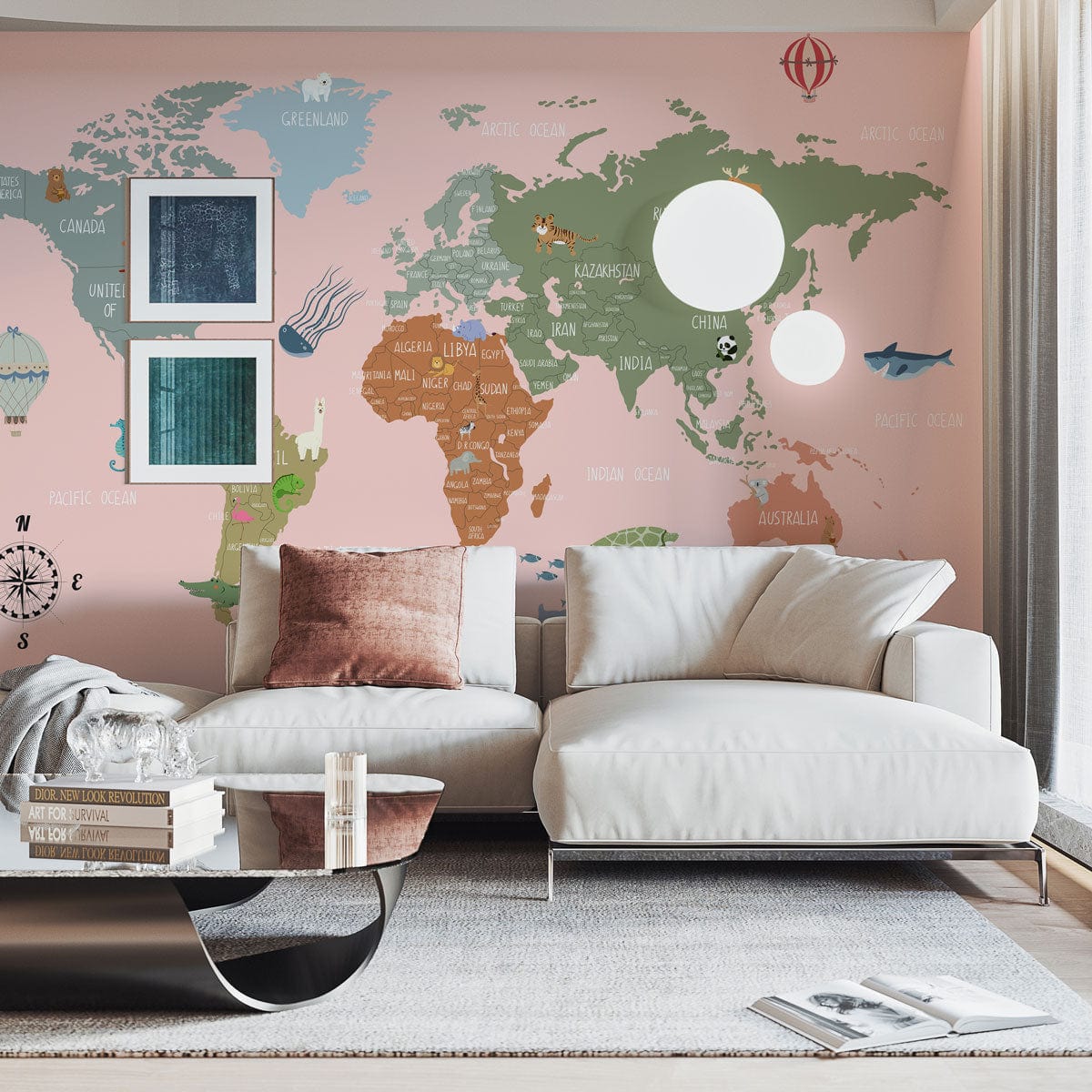 Mural wallpaper design featuring a pink cartoon map for use in decorating the living room