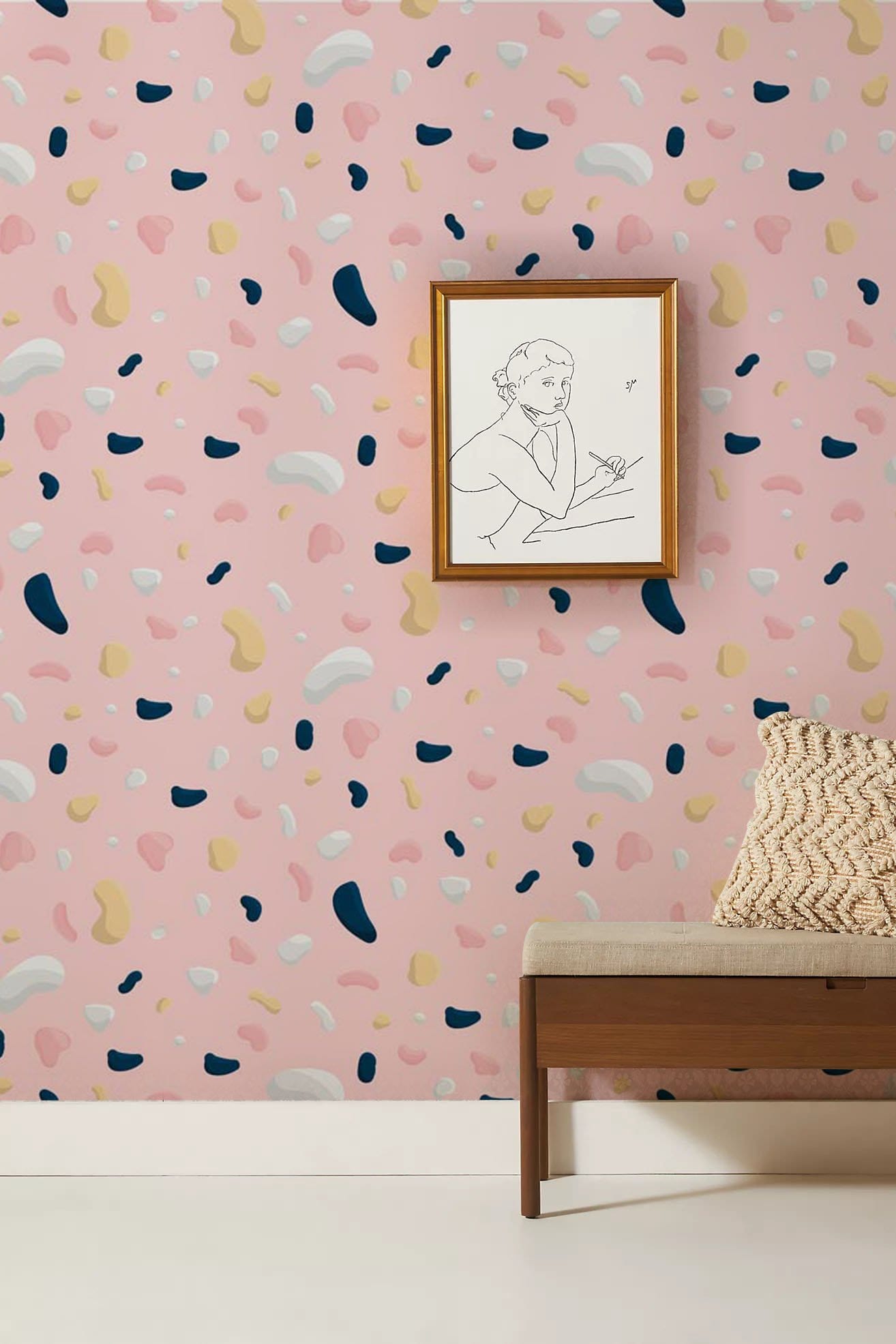wallpaper mural in the hallway with a pink chip marble pattern