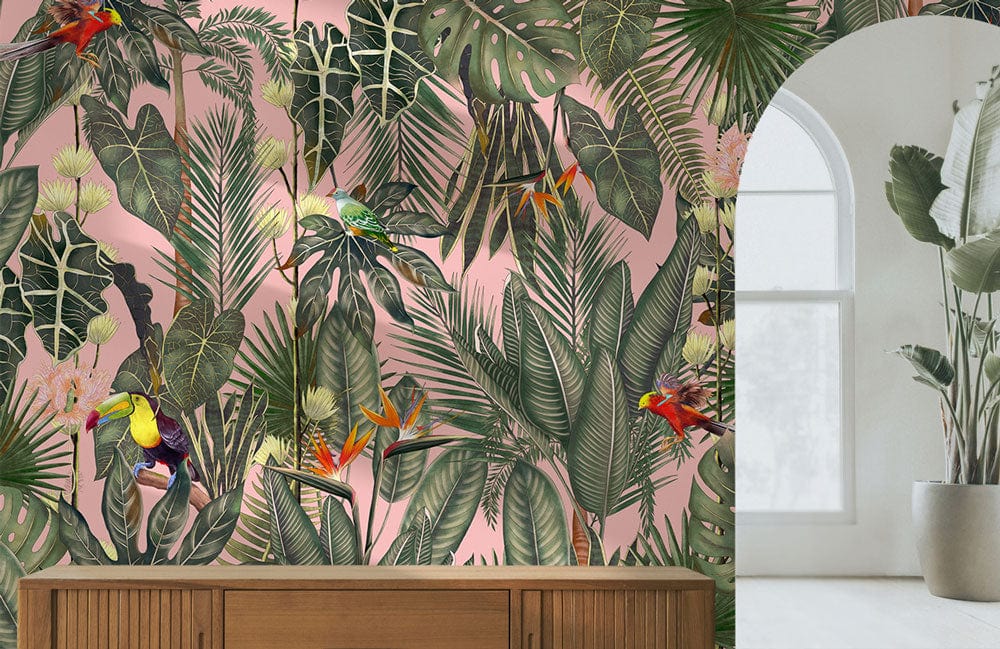 pink forest jungle wall mural hallway design