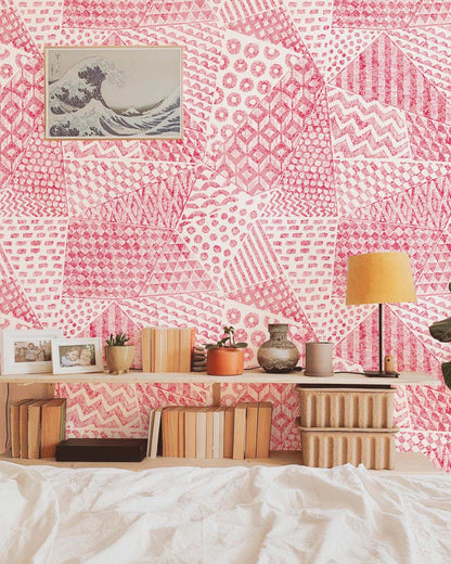 Pink Geometric Abstract Bedroom Wallpaper Mural in bedroom