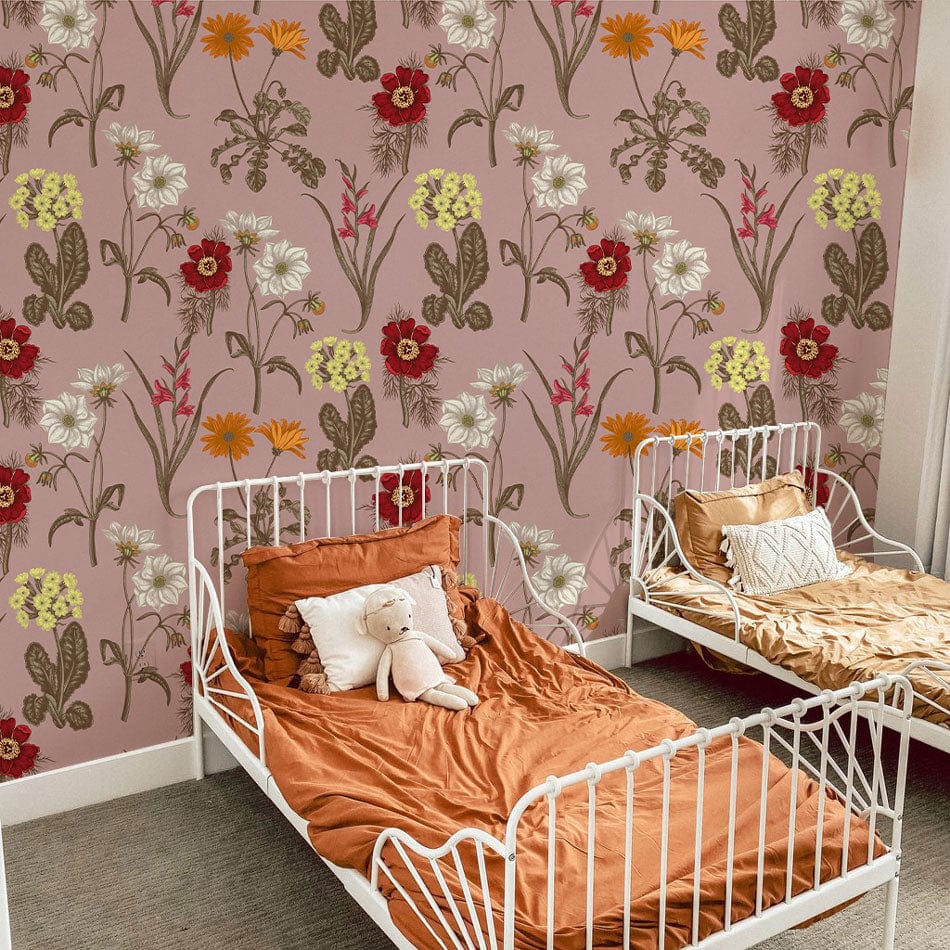 Wallpaper mural of pink field flowers, perfect for use in decorating a bedroom.