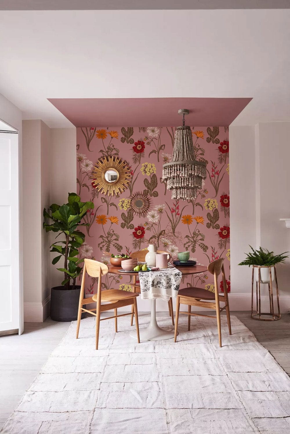 Wallpaper mural featuring pink field flowers, perfect for decorating the dining room.