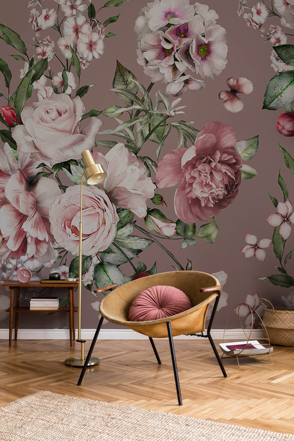 Wallpaper Mural with Pink Flower Bush for Hallway Decorations