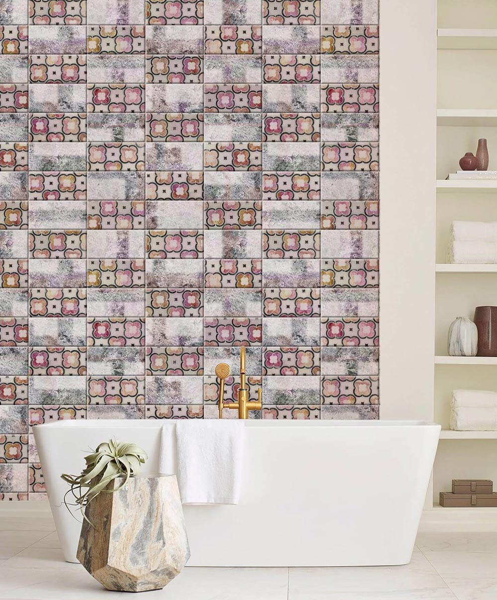 rectangle pink flower pattern tile mural bathroom