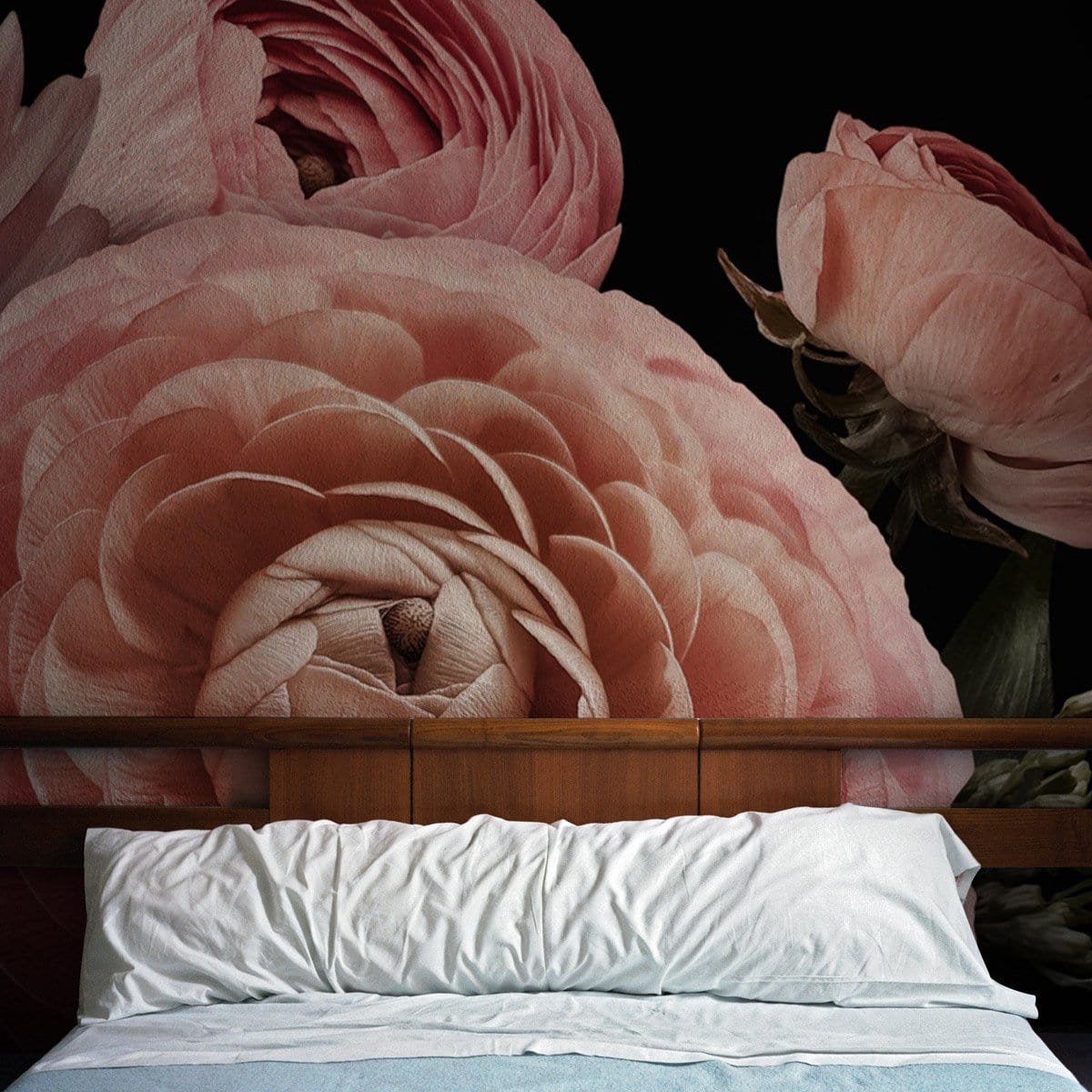 Wallpaper with a Pink Flower in a Dark Color Scheme for the Bedroom