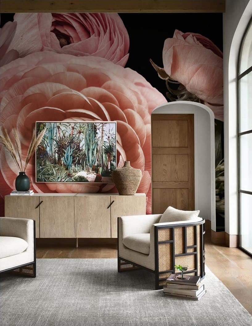 Decorate your living room with a Pink Flower in Dark Wallpaper Mural